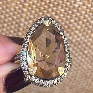 Judith Ripka Smokey Quartz with Champagne Diamonds 18 kt Gold Ring size 6